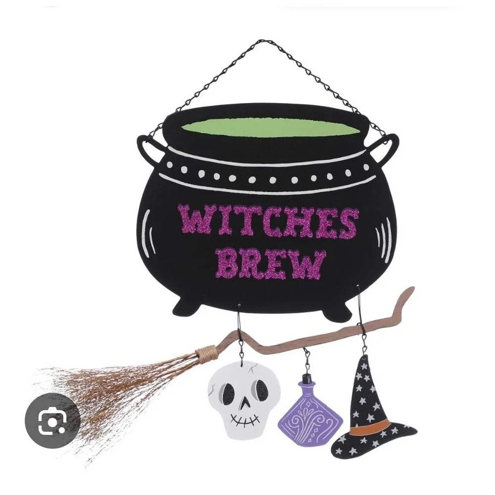 Witches Brew Halloween Hanging Decor Cauldron Broomstick Skull Witch Hat Sign